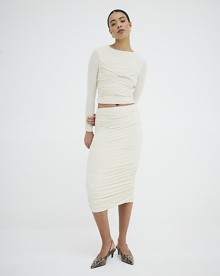 Cream Ruched Midi Column Skirt