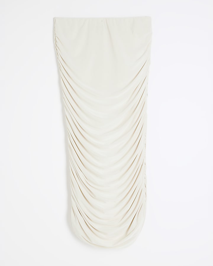 Cream Ruched Midi Column Skirt