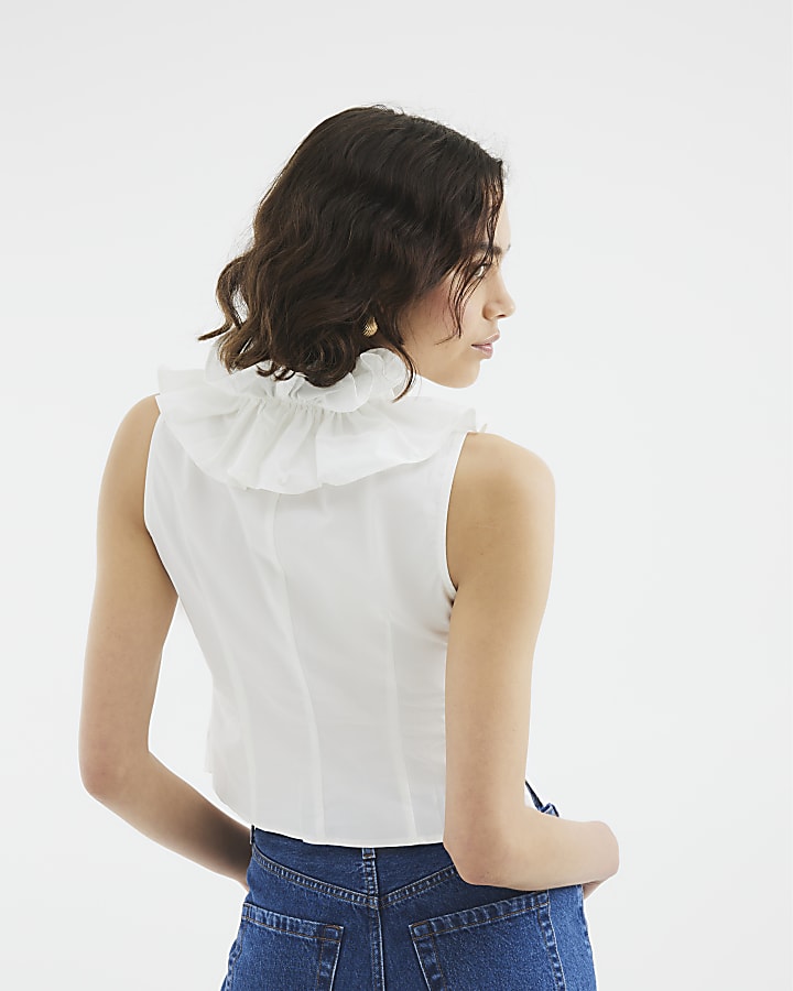 White Premium Ruffle Sleeveless Blouse