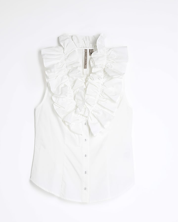 White Premium Ruffle Sleeveless Blouse