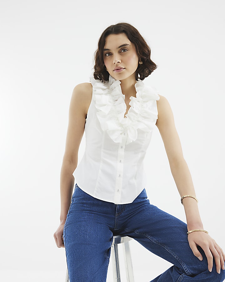 White Premium Ruffle Sleeveless Blouse