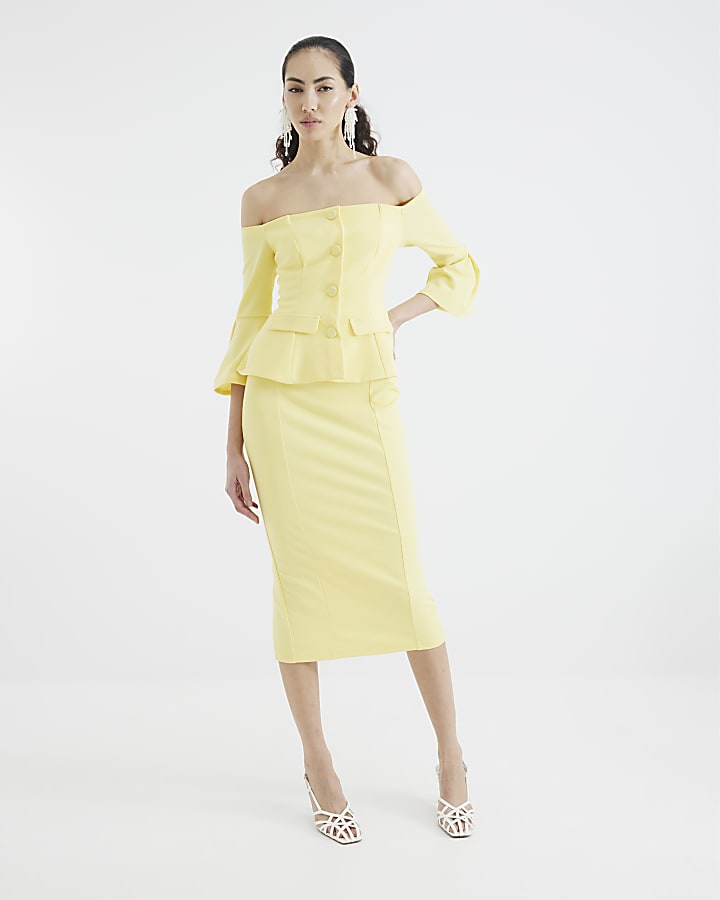 Yellow Bardot Button Down Bodycon Midi Dress