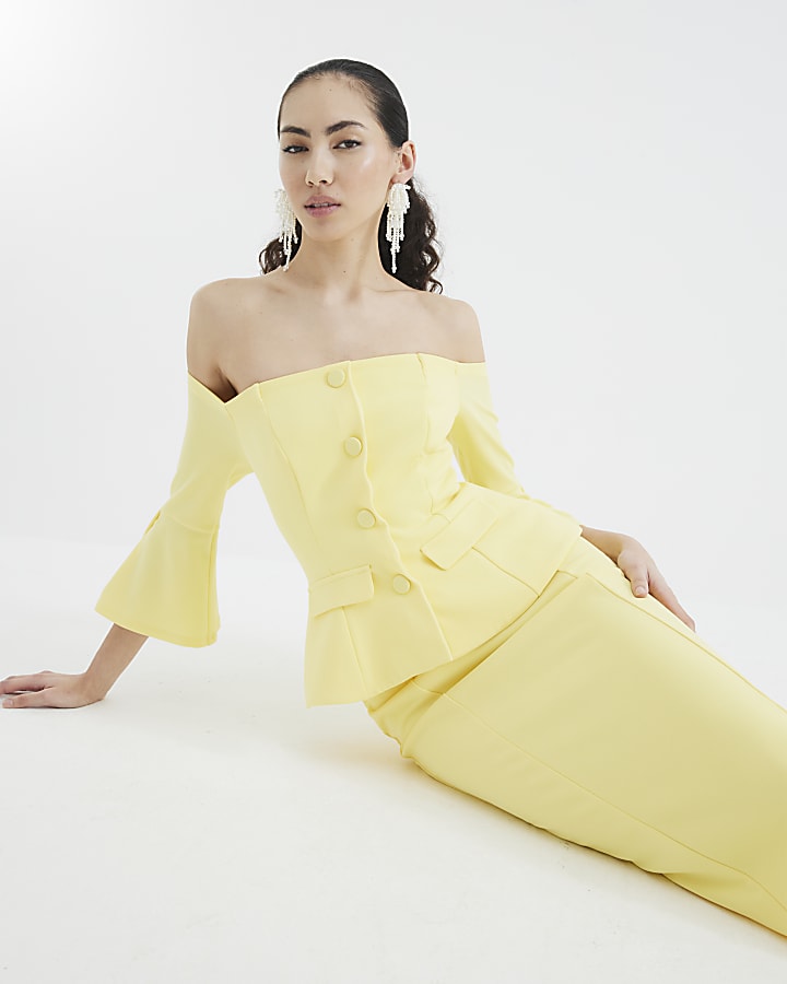 Yellow Bardot Button Down Bodycon Midi Dress