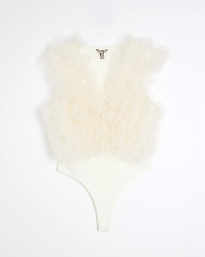 Cream Sleeveless Ruffled Front Bodysuit