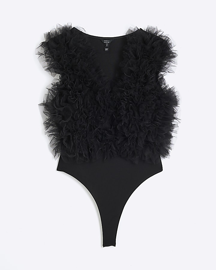 Petite Black Ruffle Bodysuit