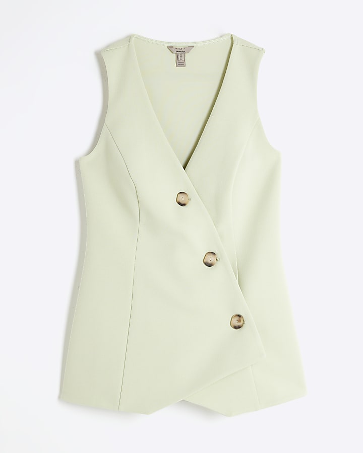 Green Sleeveless Asymmetric Button Waistcoat