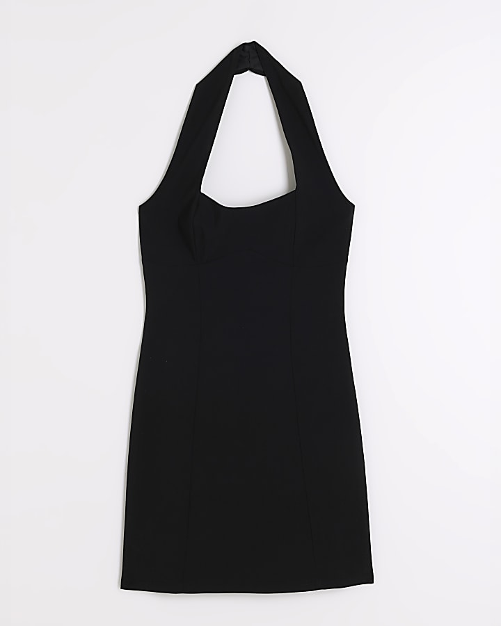 Black Sleeveless Panel Halter Mini Dress