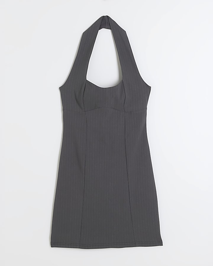 Grey Sleeveless Panel Halter Mini Dress