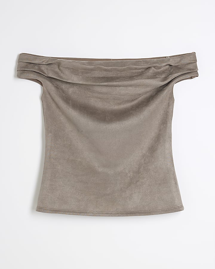 Grey Faux Suede Bardot Top