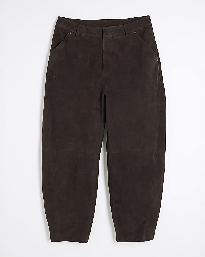 Brown Premium Suede Barrel Leg Trousers