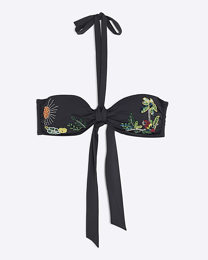 Black Embellished Bandeau Bikini Top