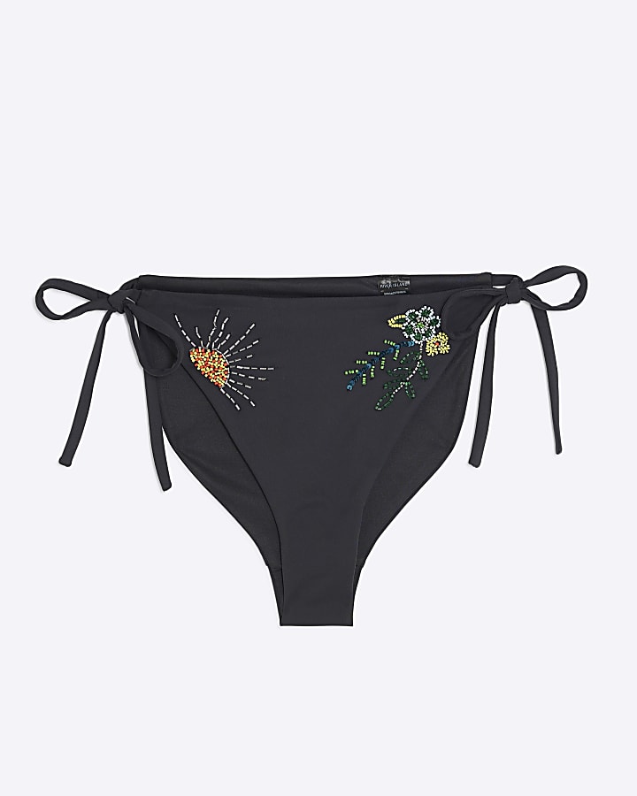 Black Embellished Mid Rise Bikini Bottoms