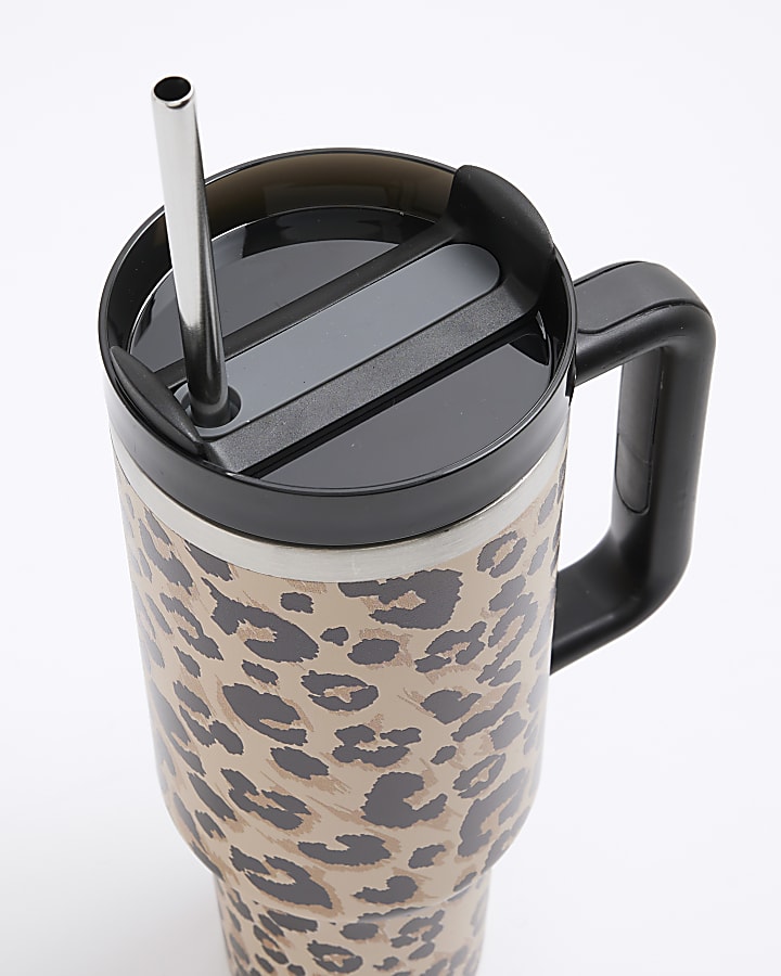 Brown Leopard Print Cup With Straw