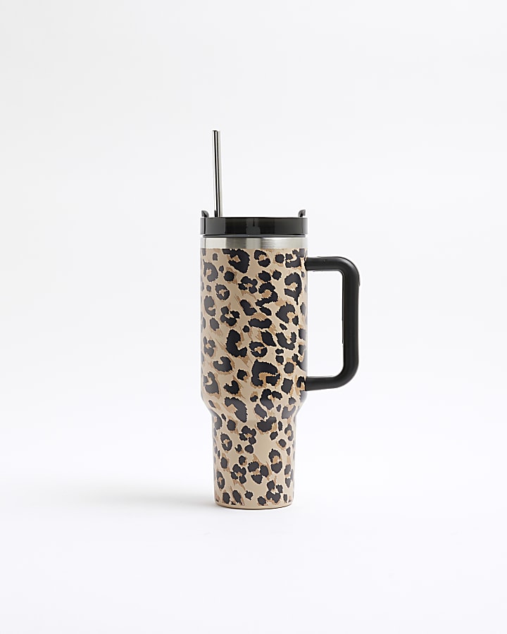 Brown Leopard Print Cup With Straw