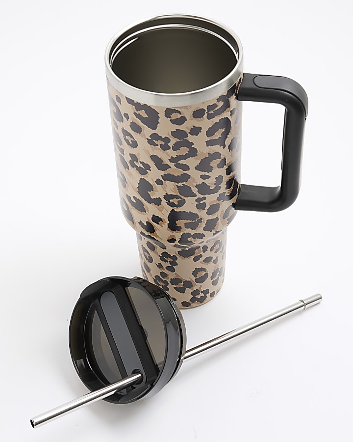 Brown Leopard Print Cup With Straw