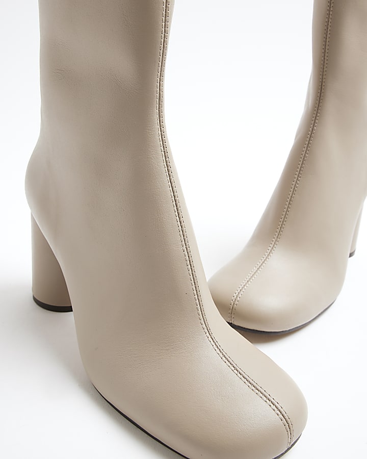 Cream Leather Round Toe Sock Boots