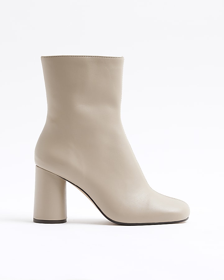 Cream Leather Round Toe Sock Boots