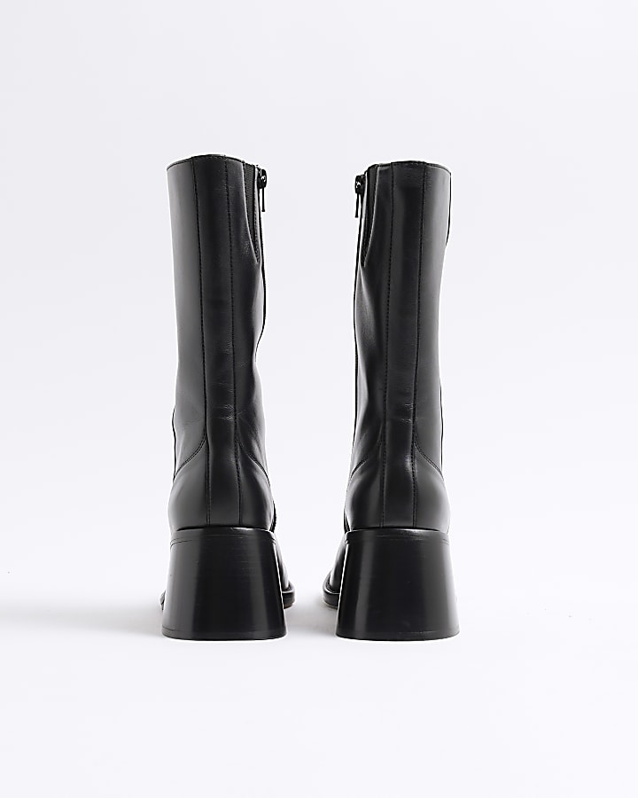 Black Leather Flared Heel Boots