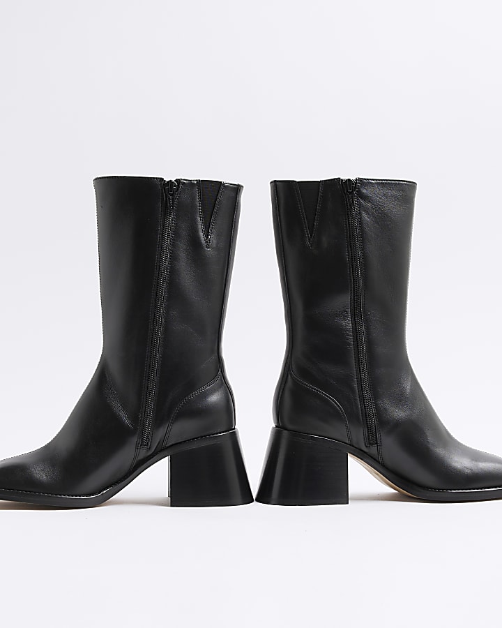 Black Leather Flared Heel Boots