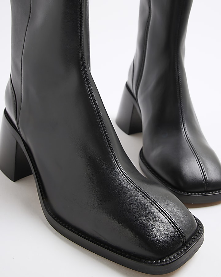 Black Leather Flared Heel Boots