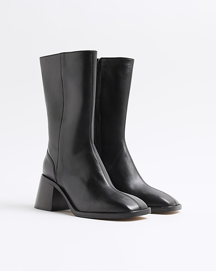 Black Leather Flared Heel Boots