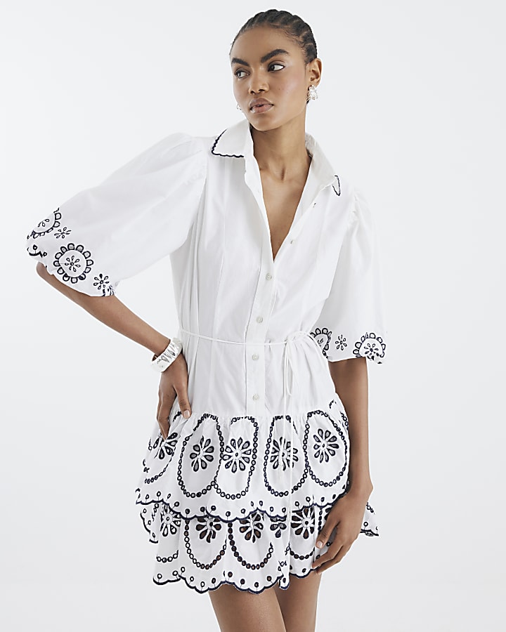 White Short Sleeve Cutwork Mini Shirt dress