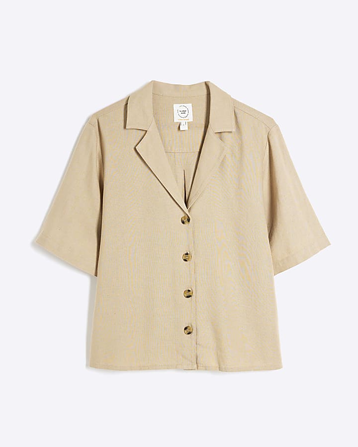 Stone Short Sleeve Boxy Linen Blend Shirt