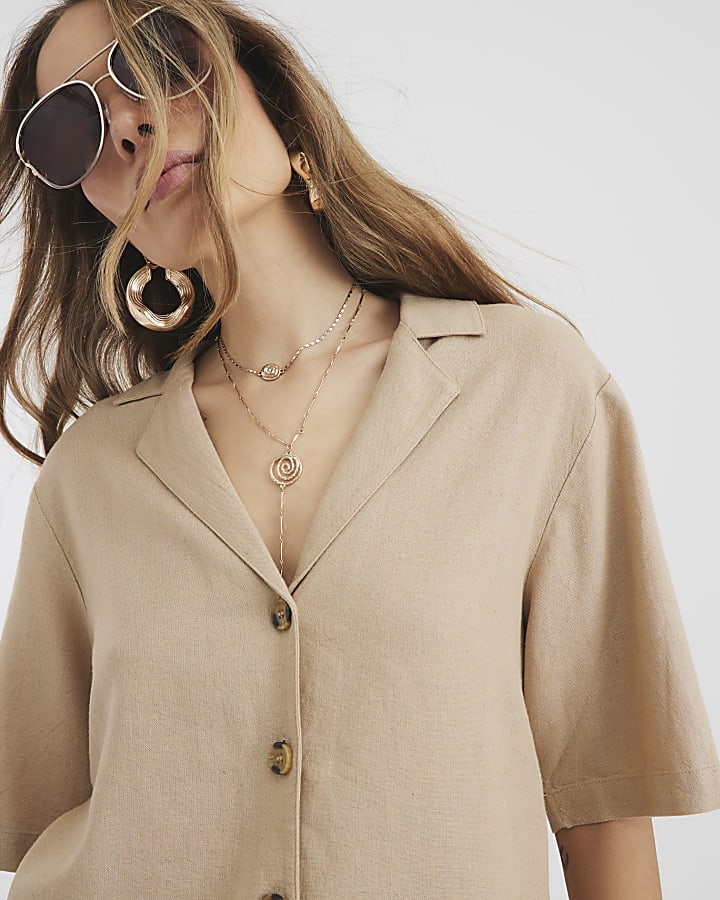 Stone Short Sleeve Boxy Linen Blend Shirt