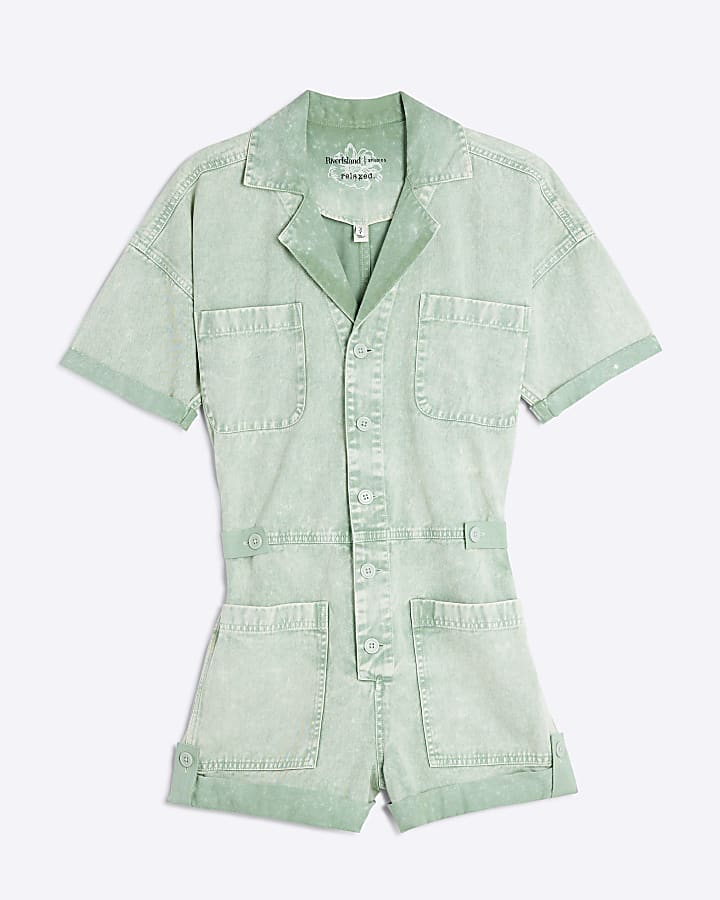 Green Denim Washed Colour Playsuit