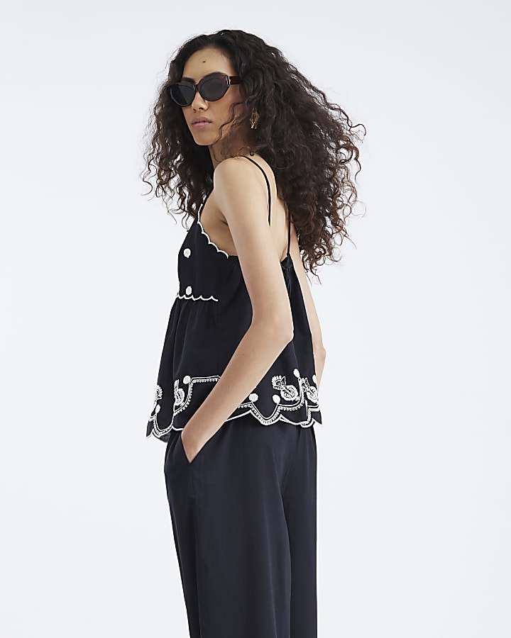 Black Sleeveless Peplum Embroidered Cami Top
