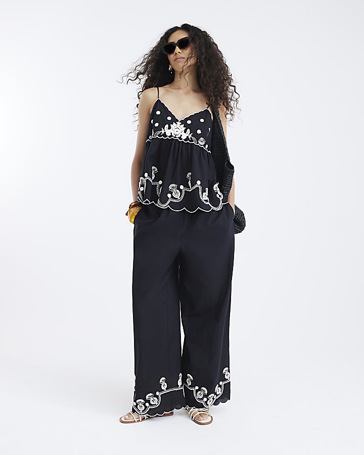 Black Sleeveless Peplum Embroidered Cami Top