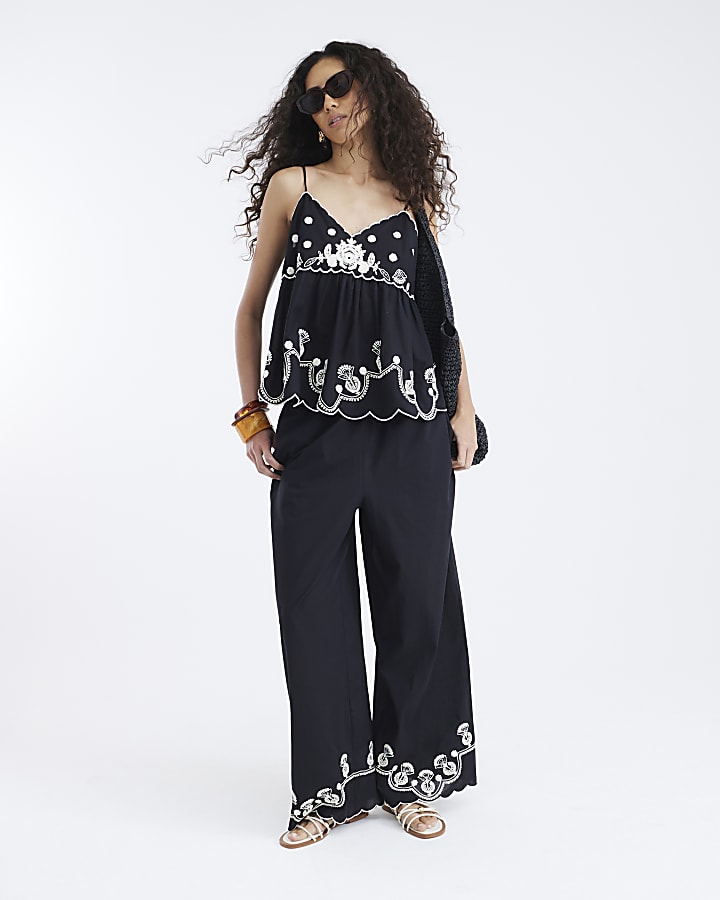 Black Embroidered Trim Wide Leg Trousers