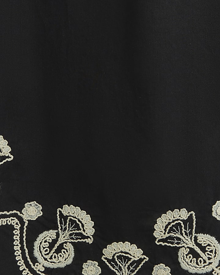 Black Embroidered Trim Wide Leg Trousers