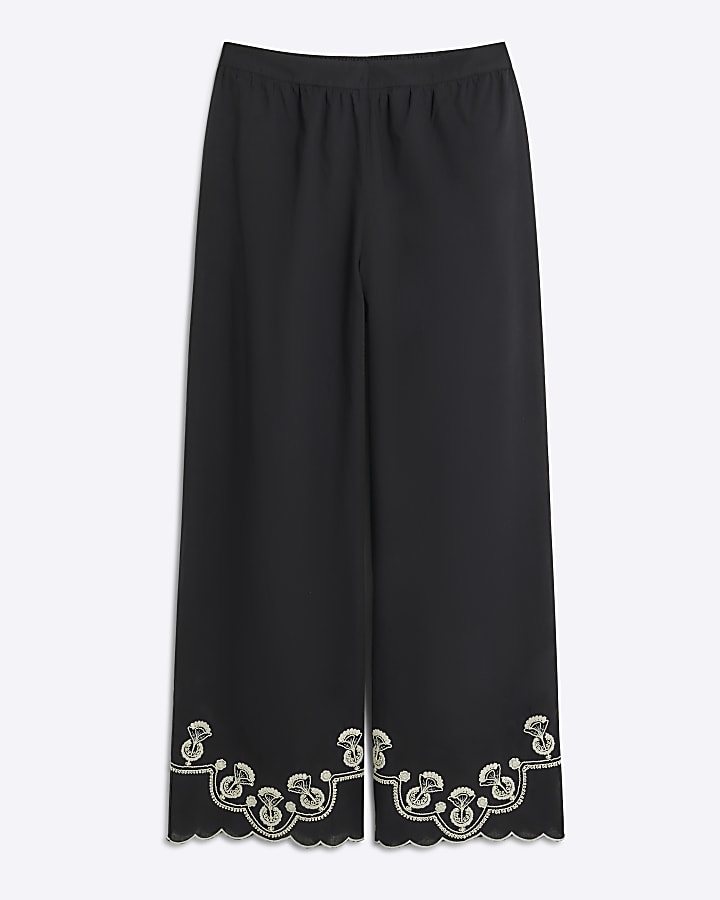 Black Embroidered Trim Wide Leg Trousers