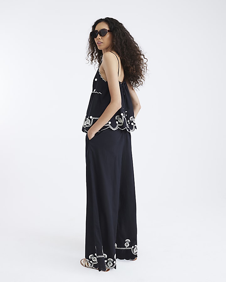 Black Embroidered Trim Wide Leg Trousers