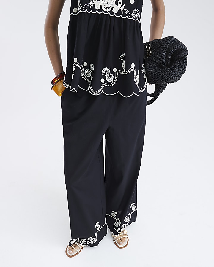 Black Embroidered Trim Wide Leg Trousers