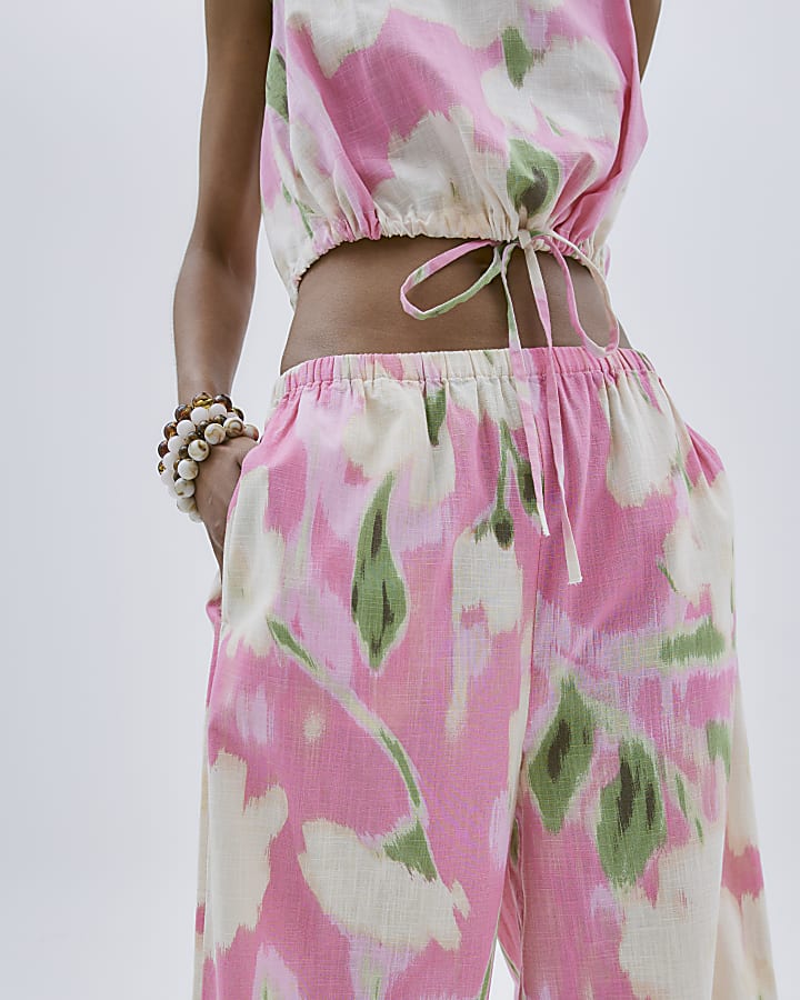 Pink Floral Linen Blend Wide Leg Trousers