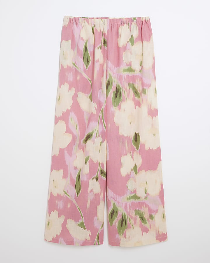 Pink Floral Linen Blend Wide Leg Trousers