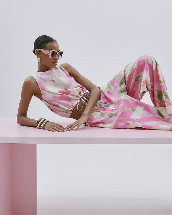 Pink Floral Linen Blend Wide Leg Trousers