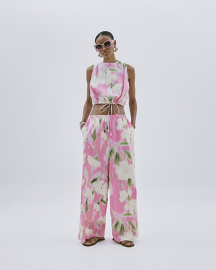 Pink Floral Linen Blend Wide Leg Trousers
