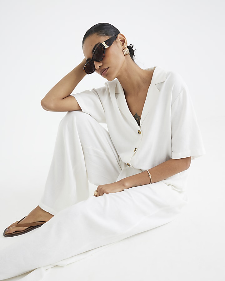 White Linen Blend Wide Leg Trousers