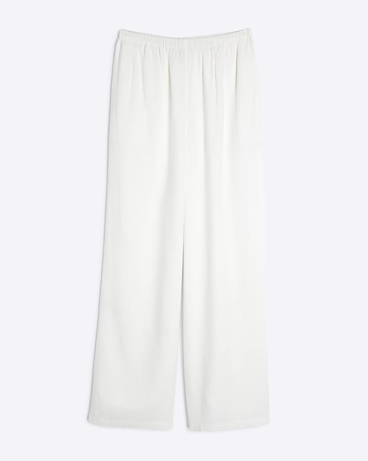 White Linen Blend Wide Leg Trousers