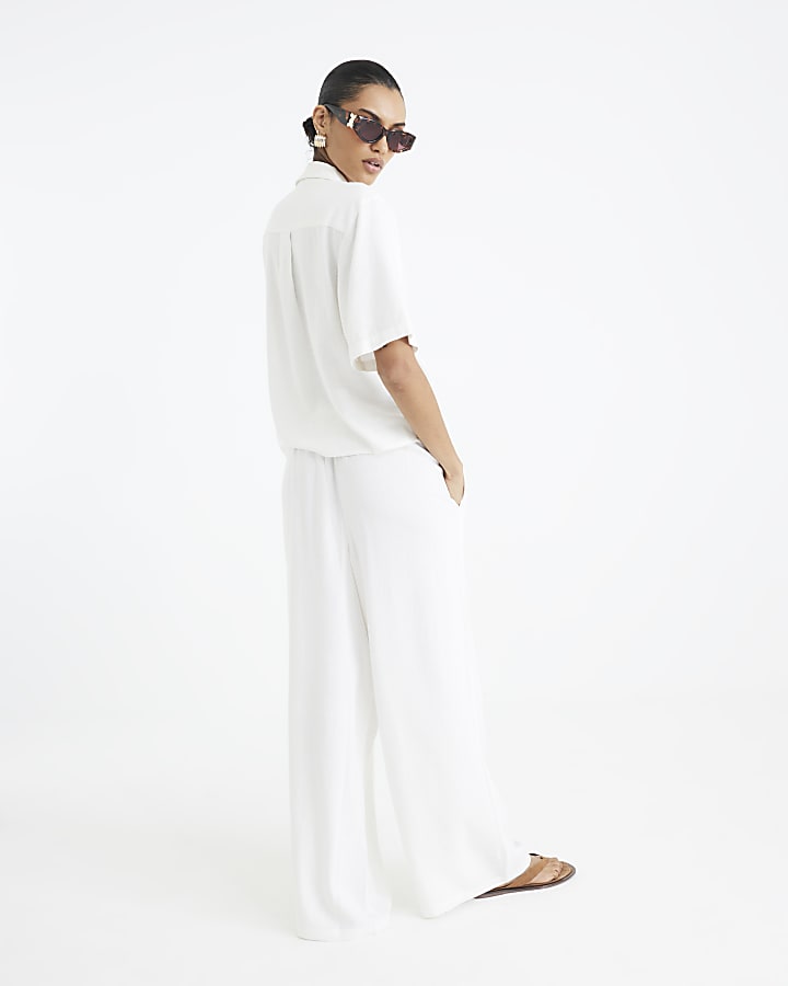 White Linen Blend Wide Leg Trousers