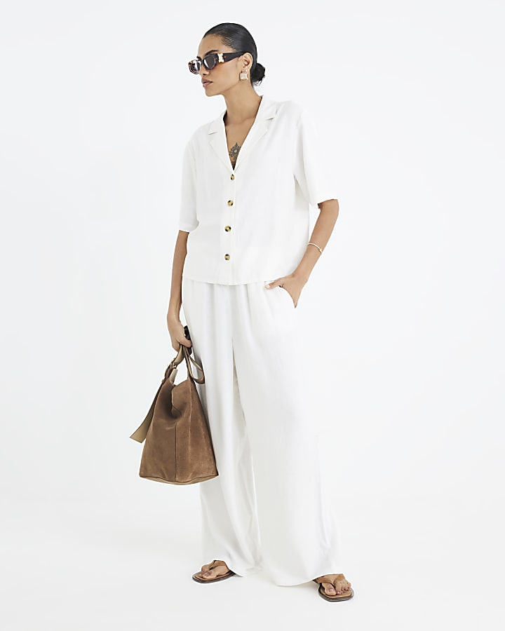 White Linen Blend Wide Leg Trousers