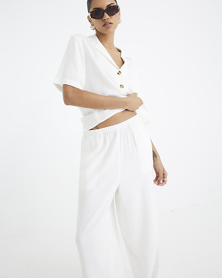 White Linen Blend Wide Leg Trousers
