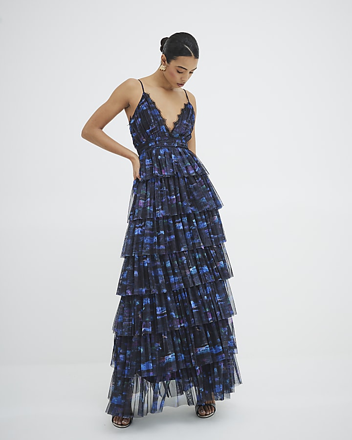 Blue Blur Abstract Print Tiered Maxi Dress