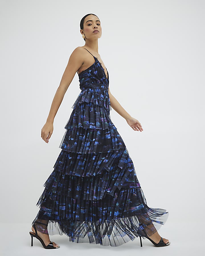 Blue Blur Abstract Print Tiered Maxi Dress