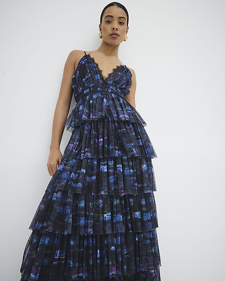 Blue Blur Abstract Print Tiered Maxi Dress