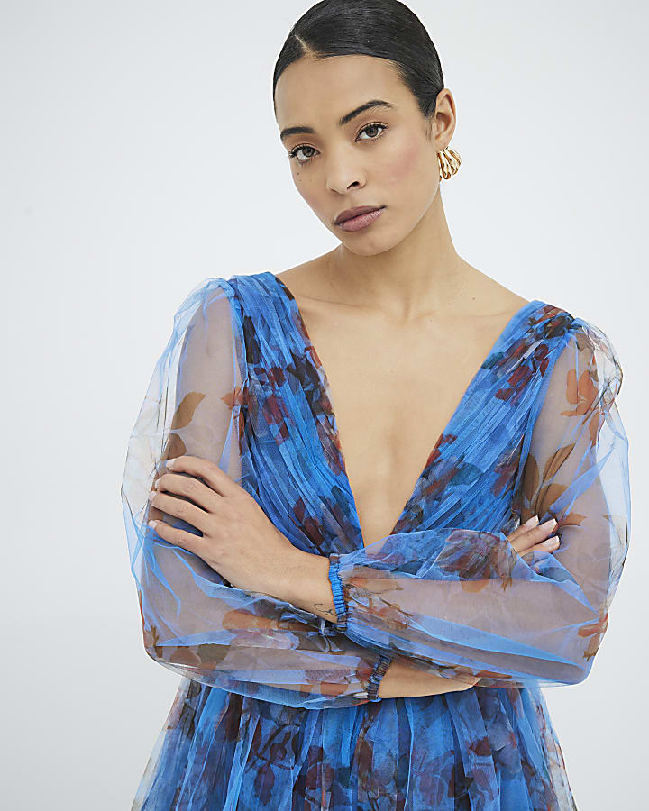 Blue Long Sleeve Floral Tiered Midi Dress