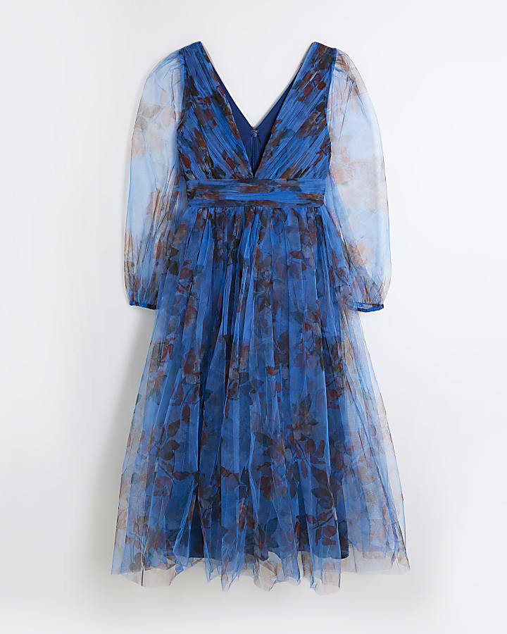 Blue Long Sleeve Floral Tiered Midi Dress